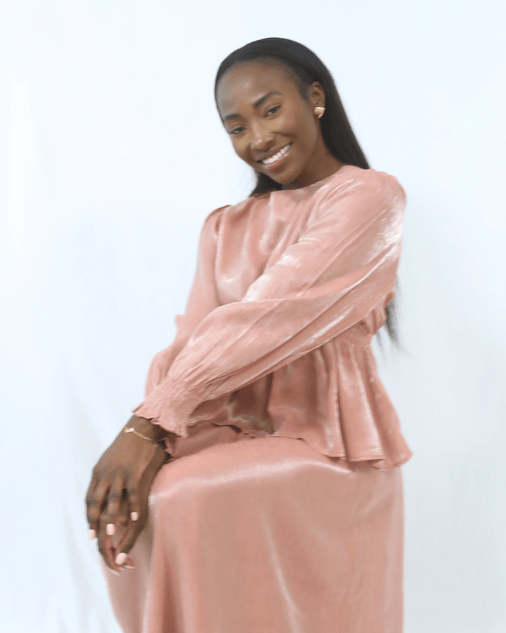 Front view of Blush Radiance co-ord set in blush pink by INNAM