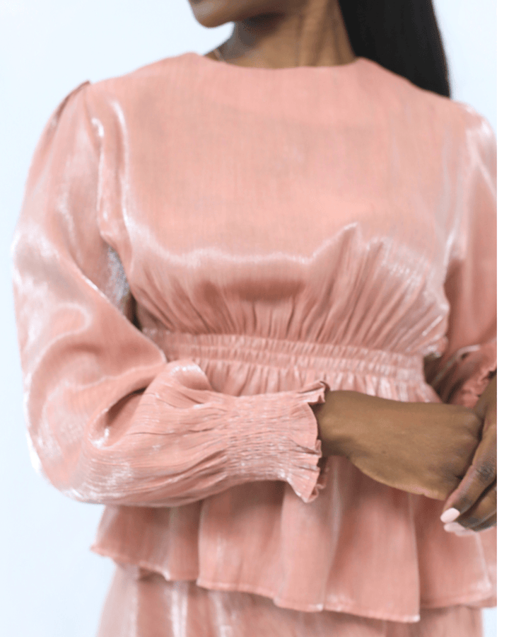 	Fabric detail shot of Blush Radiance shimmer outfit by INNAM
