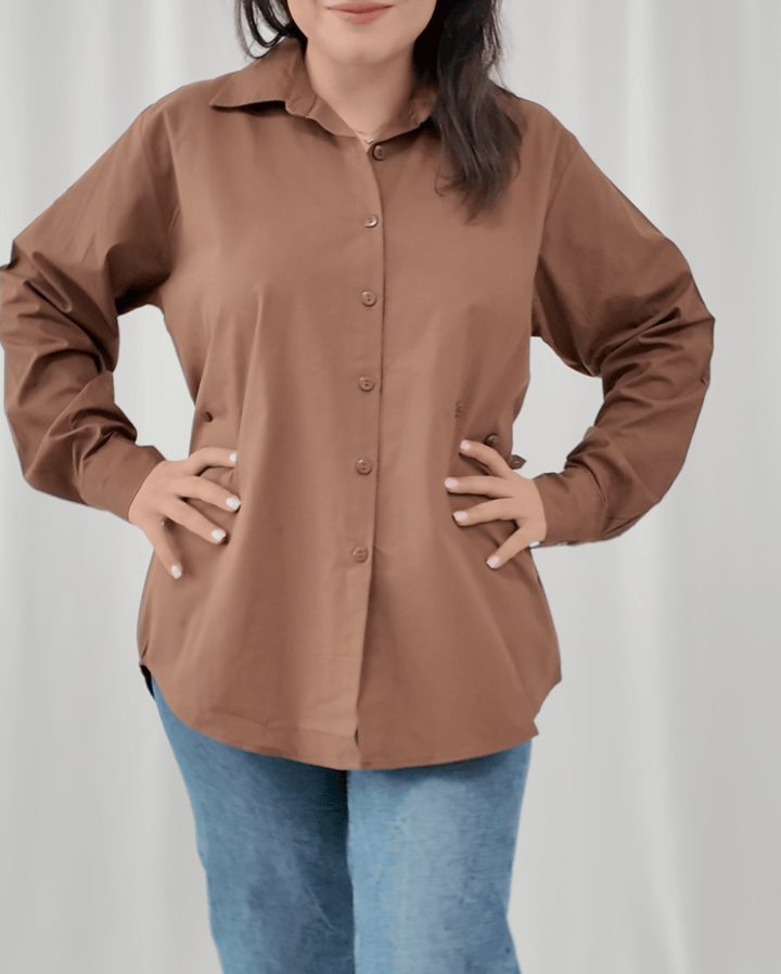 Close-up of breathable cotton fabric on Brown Sugar shirt by INNAM
