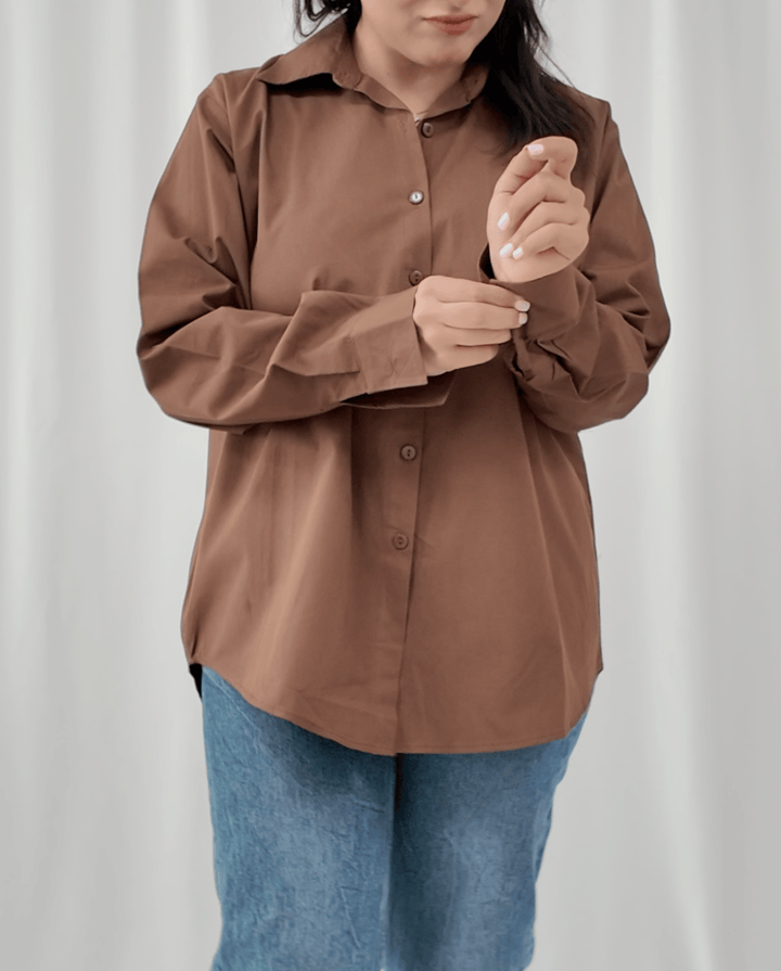 Front view of Brown Sugar chocolate brown cotton shirt by INNAM