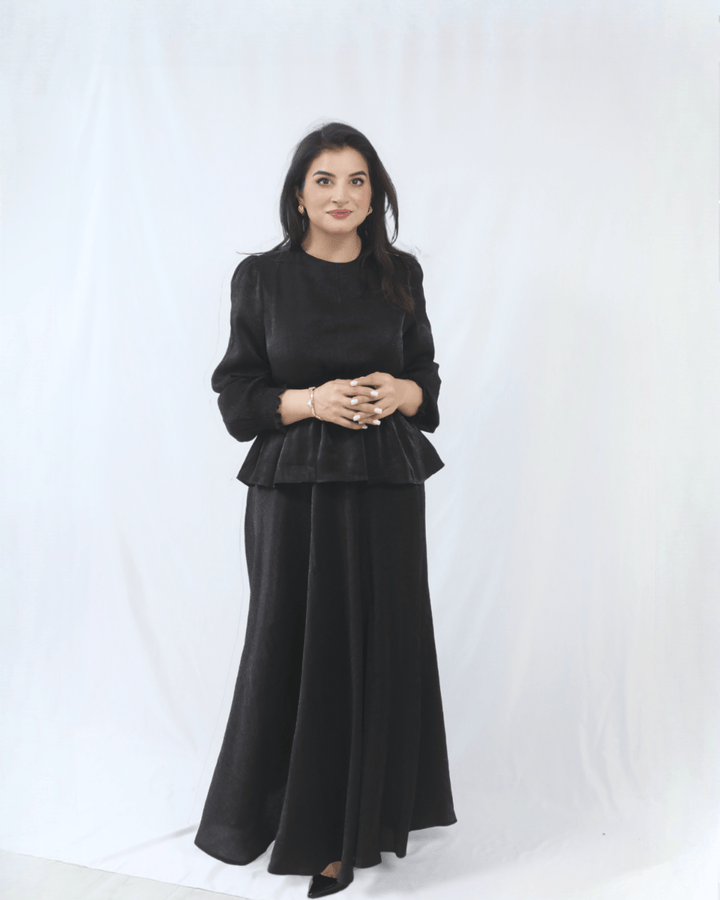 	Moonlight black shimmer co-ord set front view with structured shirt by INNAM