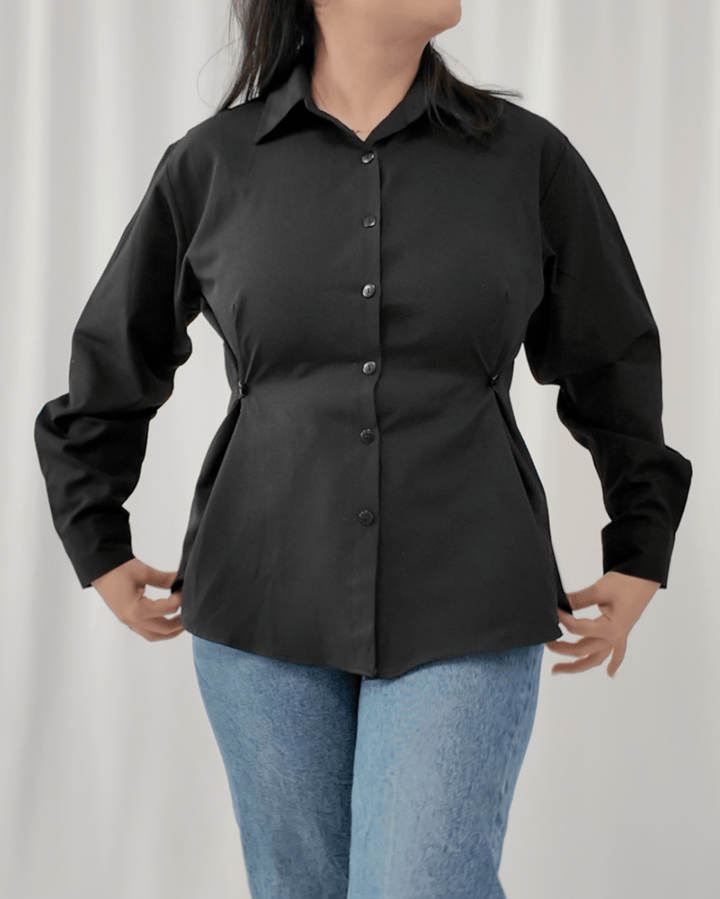 Front view of Noir Elegance black cotton shirt with adjustable waist by INNAM