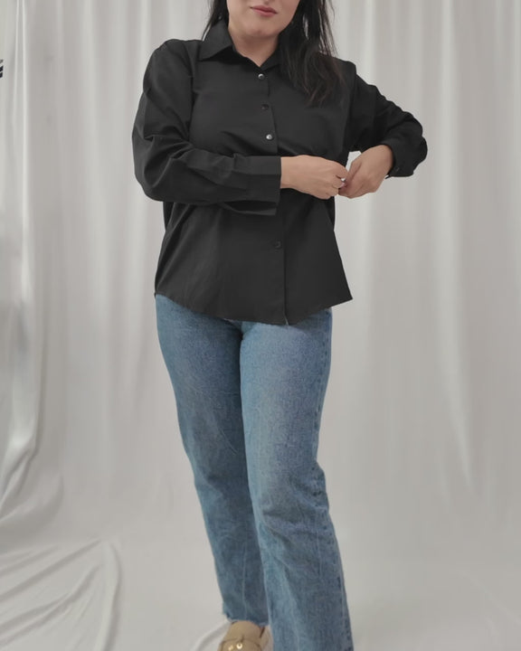 Model styling Noir Elegance black modest cotton shirt by INNAM