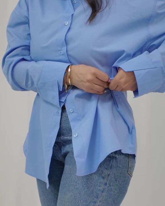 	Model showcasing Sky Serenity modest pastel shirt by INNAM