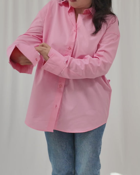 Model styling Petal Poise modest cotton shirt in blush pink by INNAM