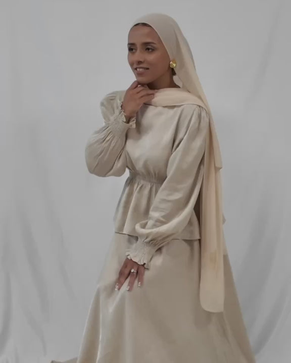 Model showcasing Pearl Dust two-piece Eid outfit by INNAM