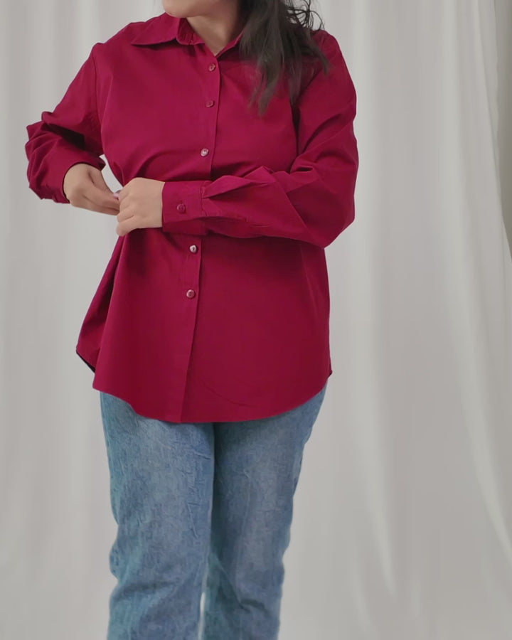 	Model styling Crimson Charm modest burgundy shirt by INNAM