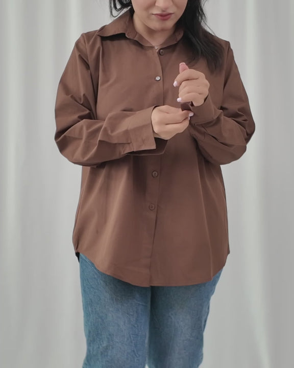 	Model styling Brown Sugar modest brown cotton shirt for everyday wear