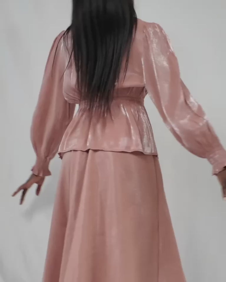 	Model showcasing Blush Radiance Eid co-ord set by INNAM