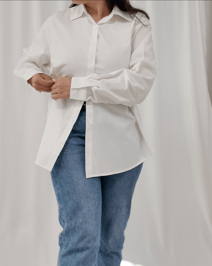 Front view of Pure Grace white cotton shirt with clean lines by INNAM